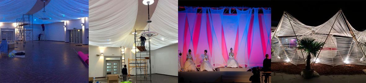 Textile project for indoor event with fireproof and acoustic bi-elastic fabrics.